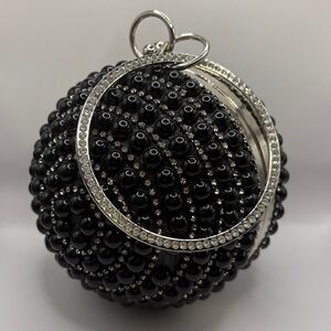 Black Beaded Sphere Orb Clutch Bag | Rhinestone Evening Wristlet
